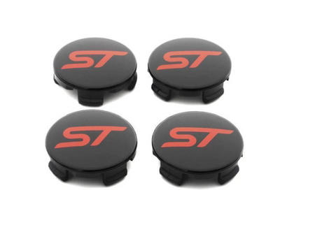 Genuine Ford Focus, Fiesta etc Black Alloy Wheel Centre Caps X4 With Red ST Logo