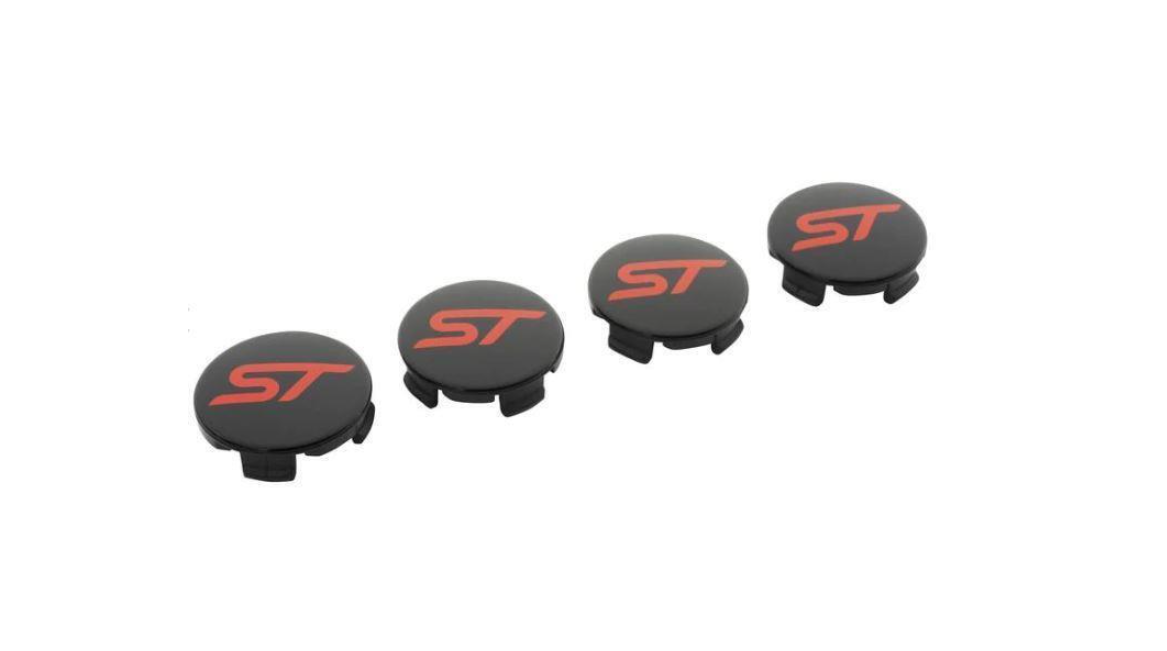 Genuine Ford Focus, Fiesta etc Black Alloy Wheel Centre Caps X4 With Red ST Logo