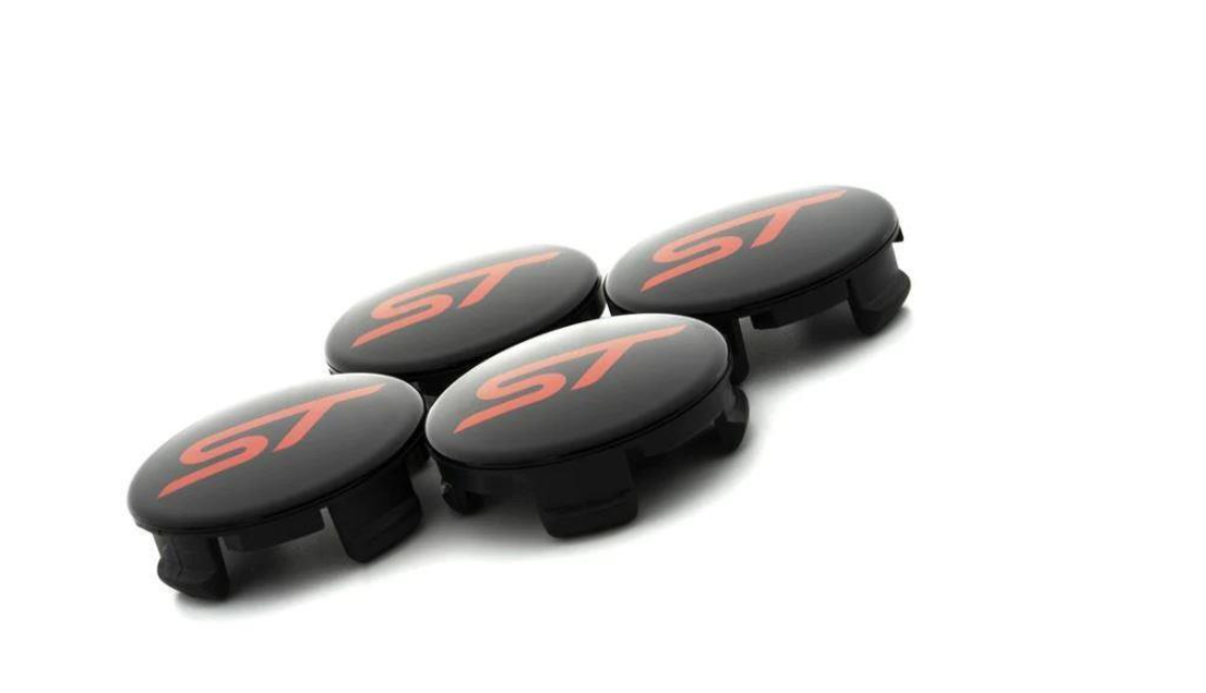 Genuine Ford Focus, Fiesta etc Black Alloy Wheel Centre Caps X4 With Red ST Logo