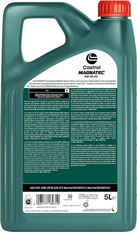 Genuine Castrol MAGNATEC 5W-30 A5 Engine Oil 5L - Dualock Technology - 15F909